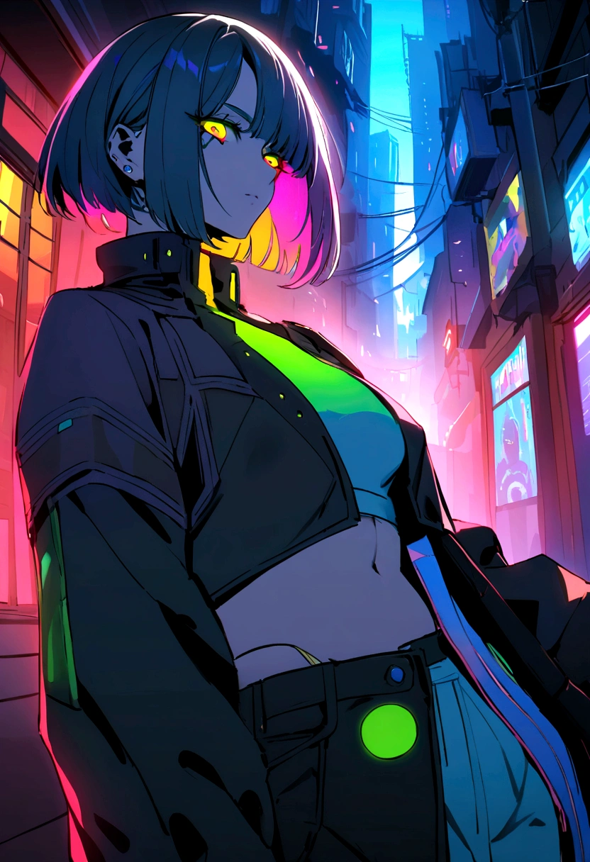 uma garota em uma cidade cyberpunk colorida