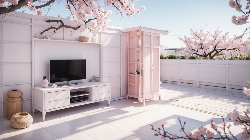 A screen is placed among the peach blossom branches,television ,White peach blossoms,television产品渲染,White and pale pink shades,Sky,3d,OC Renderer,High quality local rendering, Clean 3D Rendering,Hyper-realistic 3D rendering,