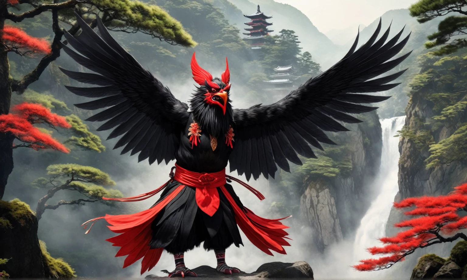 A realistic depiction of Tengu in a mountainous area with dense forest. The Tengu has a strong and intimidating presence, with a red face, long nose, and fierce expression. It is dressed in traditional Japanese garments and has large, black wings. The scene is set during the day, with sunlight filtering through the trees.