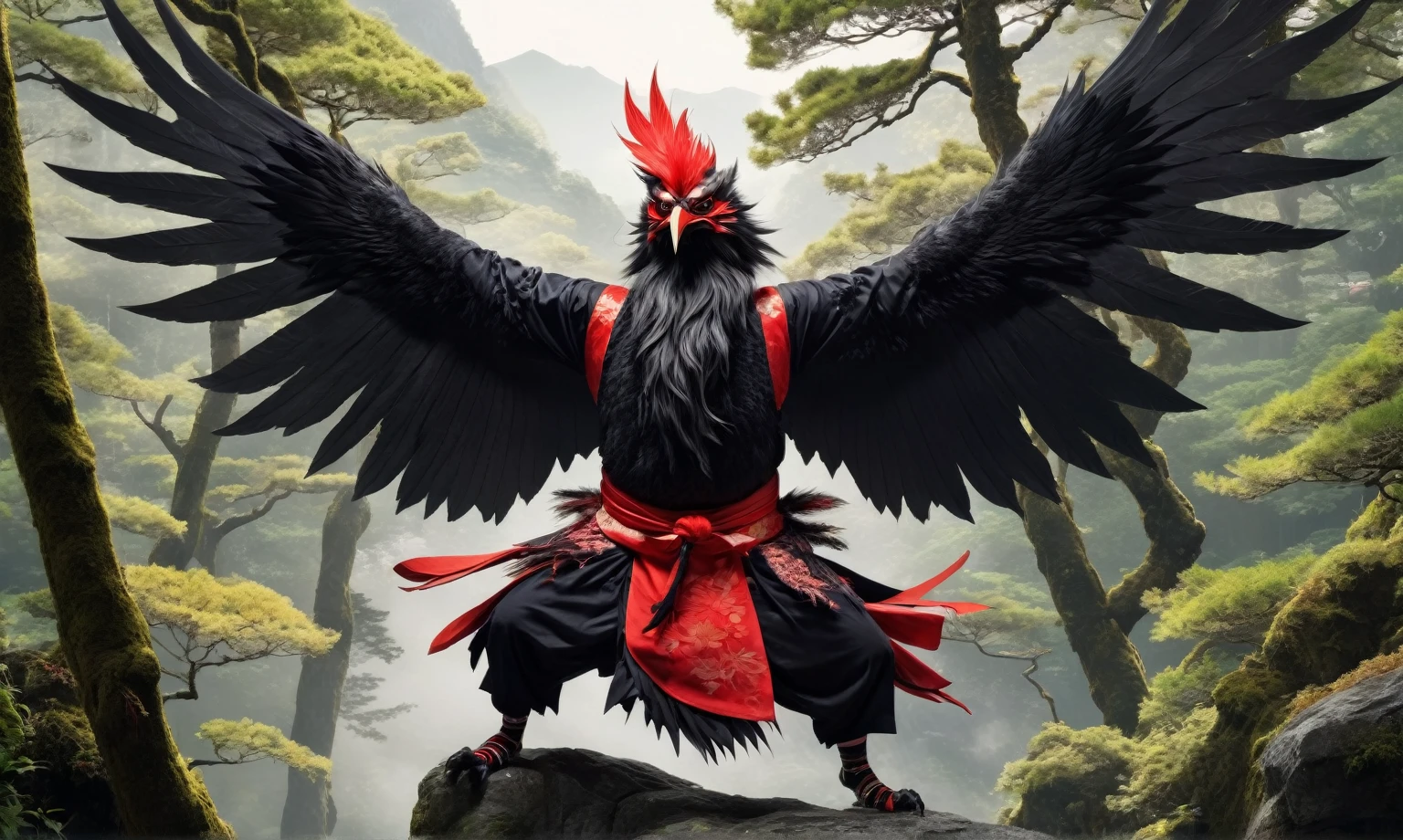 A realistic depiction of Tengu in a mountainous area with dense forest. The Tengu has a strong and intimidating presence, with a red face, long nose, and fierce expression. It is dressed in traditional Japanese garments and has large, black wings. The scene is set during the day, with sunlight filtering through the trees.
