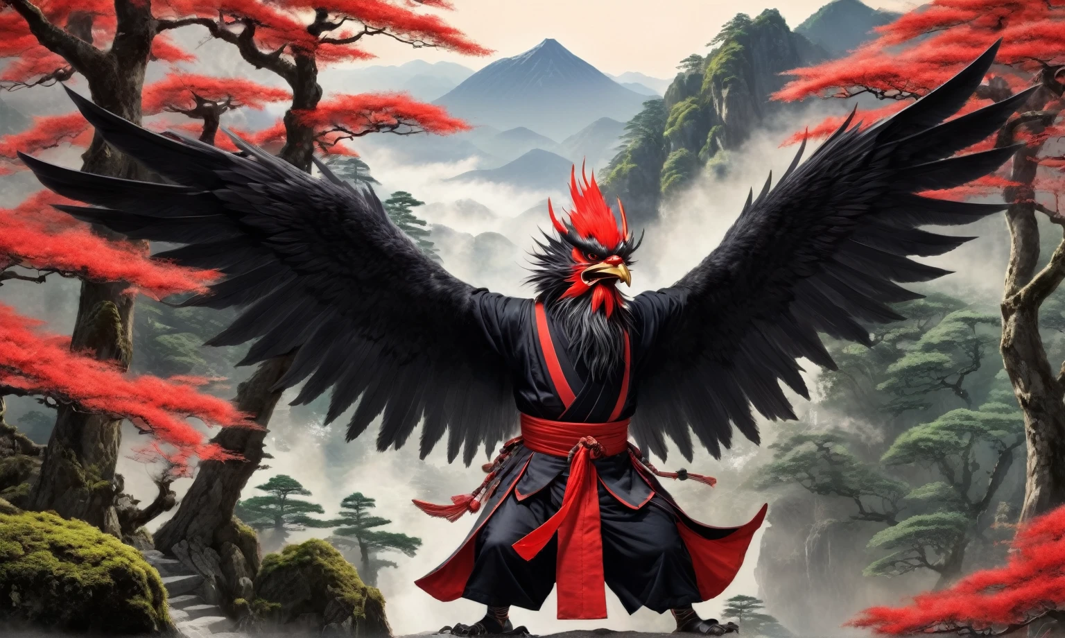 A realistic depiction of Tengu in a mountainous area with dense forest. The Tengu has a strong and intimidating presence, with a red face, long nose, and fierce expression. It is dressed in traditional Japanese garments and has large, black wings. The scene is set during the day, with sunlight filtering through the trees.