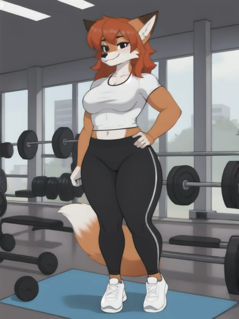 Furry, fox, female, white shirt, black leggings, shoes, gym, teen, full body