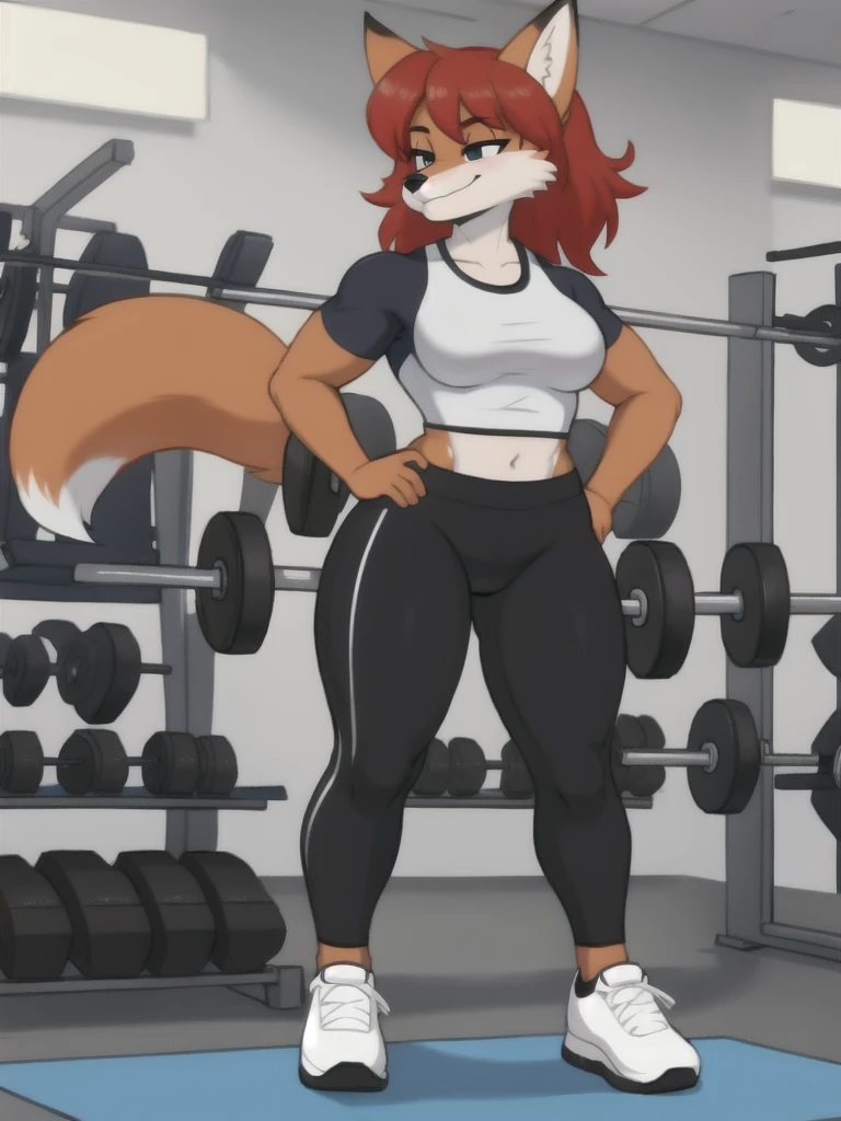 Furry, fox, female, white shirt, black leggings, shoes, gym, teen, full body