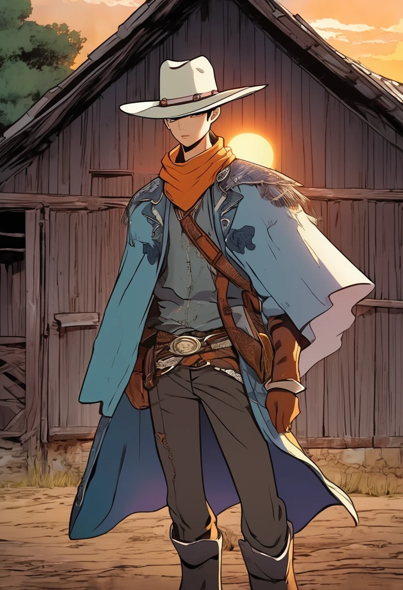 Dooshik from manhwa pearl boy dressed as a cowboy with a landscape of a sunset behind the barn where he is located. Estilo manwhua. Estilo anime. Estilo manga.