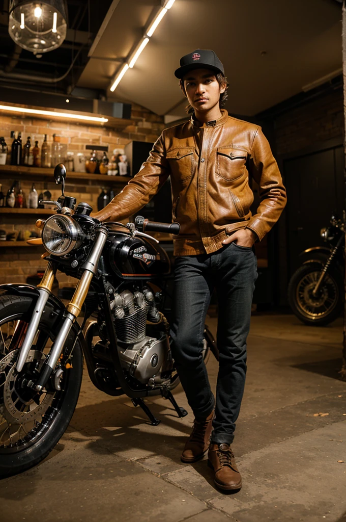 Buatkan saya gambar orang menggunakan motor dengan gaya caferacer dengan style seperti anak ace cafe london