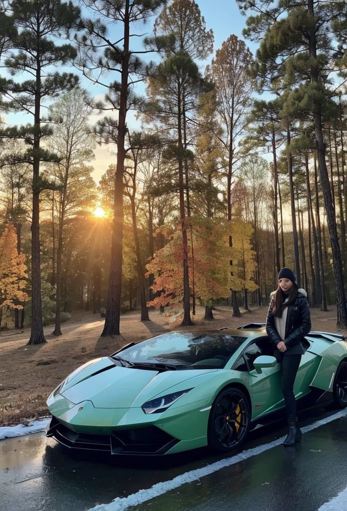 1girl standing next to a Lamborghini,autumn forest, sunset, leaves falling, first snow,