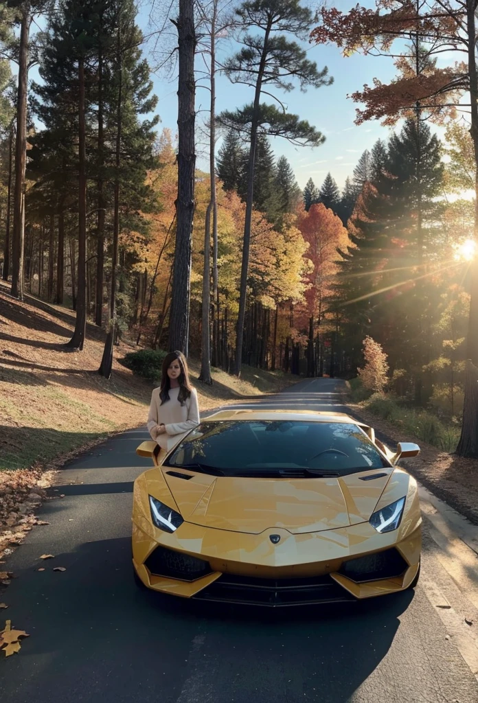 1girl standing next to a Lamborghini,autumn forest, sunset, leaves falling, first snow,