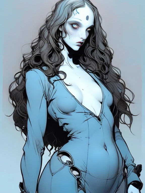 Woman alone, European woman, (((wide hips: 1.5))), 8k, absurd res, ((wide eyes: 1.4)), flawless face, girl with a soft body, (crisp deco style clothing), 1girl, average body, natural body, ((super wide hips: 1.3)), full body image, 1girls, solo, masterpiece, highly detailed, detailed eyes, expressive detailed eyes, pale skin, wide eyed, detailed pupils, realistic skin , blush, some freckles, realistic skin texture, ((small breasts: 1.3)), blushing, super detailed skin, smooth background, analog style, (chin length hair), ((pale wavy hair: 1.5)), dark blue wallpaper, (broad fat hips), entire head and body image, ((her entire head and body must be in view)), perfect anatomy, anatomically correct, ((pale blue skin)),