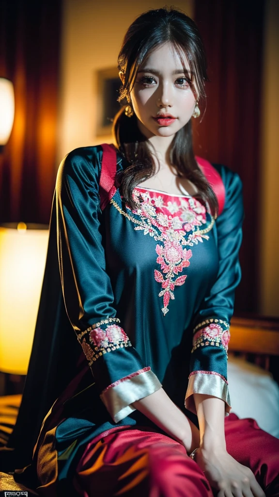 (((HD photo))), ultra high res.photorealistic:. 1.4, UHD An individual wearing shalwar kameez in an ultra-detailed and realistic manner, with every intricate detail of the fabric and stitching clearly visible. The image should showcase the best quality, with a resolution of 4k or 8k, resembling a masterpiece. The color palette should be vibrant and the lighting should highlight the texture of the clothing. The overall composition should be focused on the person, capturing their posture, expression, and the intricate patterns on the shalwar kameez. The art style should emphasize the beauty of portraits and highlight the cultural significance of the clothing