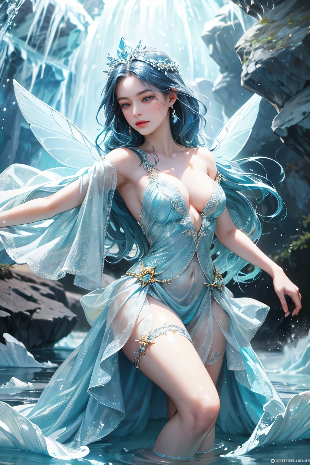 "Create an ultra-realistic image of a breathtaking young female fairy with large, ethereal wings that glisten like water and ice. She should be adorned in an elegant dress with various light blue shades that evoke the purity and fluidity of water. Depict her surrounded by elements of water and ice, such as cascading waterfalls and shimmering ice formations, to highlight her connection to these elements. Include a distinct water symbol or design on her body, signifying her role as the keeper of water and ice, and showcasing the powerful aquatic energy she possesses within her."