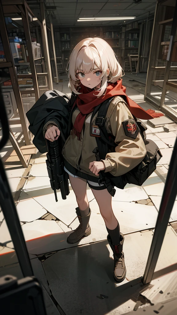 Na cena noturna sob a lua cheia brilhante, uma jovem mulher de cabelo curto e castanho, with big eyes and determined expression, is in the center of a devastated supermarket. Ela veste roupas militares, including a tactical vest, a backpack and a red scarf around the neck. Em seu ombro, a gun is hanging, pronta para ser usada.
A luz de um celular que ela segura ilumina seu rosto, highlighting her serious features as she cautiously scans her surroundings. Ao fundo, Damaged shelves and products scattered across the floor indicate the chaos and destruction caused by catastrophic events. The setting suggests a post-apocalyptic or war world, where resources are scarce and survival is a constant struggle.
the atmosphere is tense and dark, with shadows cast by the broken shelves and debris. The woman appears to be on high alert, prepared for any threat that may arise in this desolate and dangerous environment. The scene conveys a feeling of loneliness and challenge, where every move is calculated and every resource is valuable in the fight for survival.