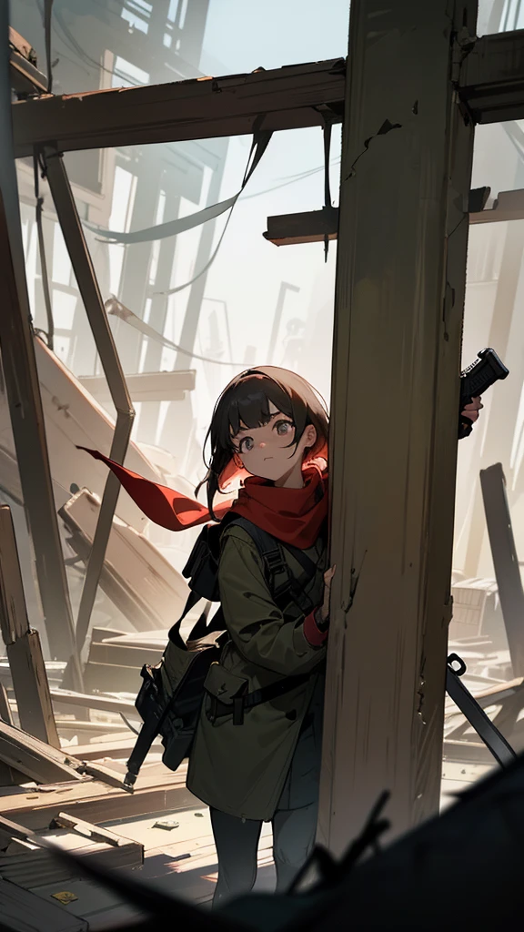 Na cena noturna sob a lua cheia brilhante, uma jovem mulher de cabelo curto e castanho, with big eyes and determined expression, is in the center of a devastated supermarket. Ela veste roupas militares, including a tactical vest, a backpack and a red scarf around the neck. Em seu ombro, a gun is hanging, pronta para ser usada. 

A luz de um celular que ela segura ilumina seu rosto, highlighting her serious features as she cautiously scans her surroundings. Ao fundo, Damaged shelves and products scattered across the floor indicate the chaos and destruction caused by catastrophic events. The setting suggests a post-apocalyptic or war world, where resources are scarce and survival is a constant struggle.

the atmosphere is tense and dark, with shadows cast by the broken shelves and debris. The woman appears to be on high alert, prepared for any threat that may arise in this desolate and dangerous environment. The scene conveys a feeling of loneliness and challenge, where every move is calculated and every resource is valuable in the fight for survival.