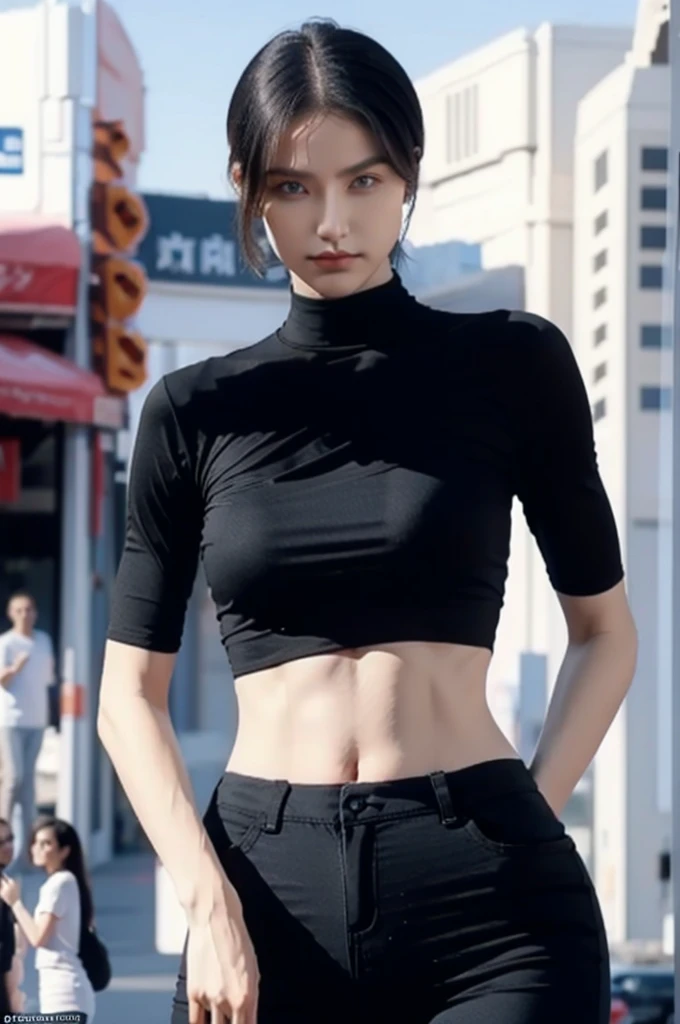 Straight black hair,blue eyes,(high quality eyes),masterpiece, best quality, high quality, highres, outdoors, looking at viewer, black shirt, crop top, midriff, navel, black pants, tall female, bodybuilder, huge chest,, perfect body, 23yo, (very slim and slender muscular body:1.3), ((view the viewer)), gts, short hair