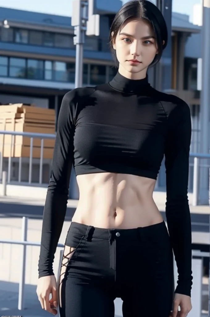 Straight black hair,blue eyes,(high quality eyes),masterpiece, best quality, high quality, highres, outdoors, looking at viewer, black shirt, crop top, midriff, navel, black pants, tall female, bodybuilder, huge chest,, perfect body, 23yo,  (very slim and slender muscular body:1.3), ((view the viewer)), gts, short hair