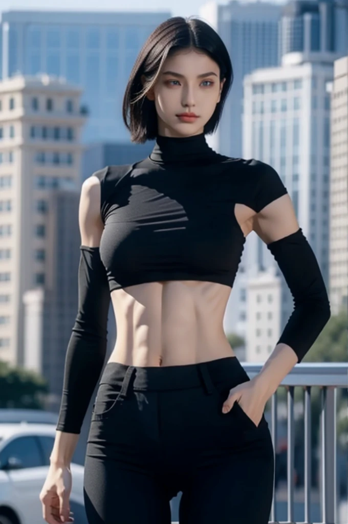 Straight black hair,blue eyes,(high quality eyes),masterpiece, best quality, high quality, highres, outdoors, looking at viewer, black shirt, crop top, midriff, navel, black pants, tall female, bodybuilder, huge chest,, perfect body, 23yo,  (very slim and slender muscular body:1.3), ((view the viewer)), gts, short hair