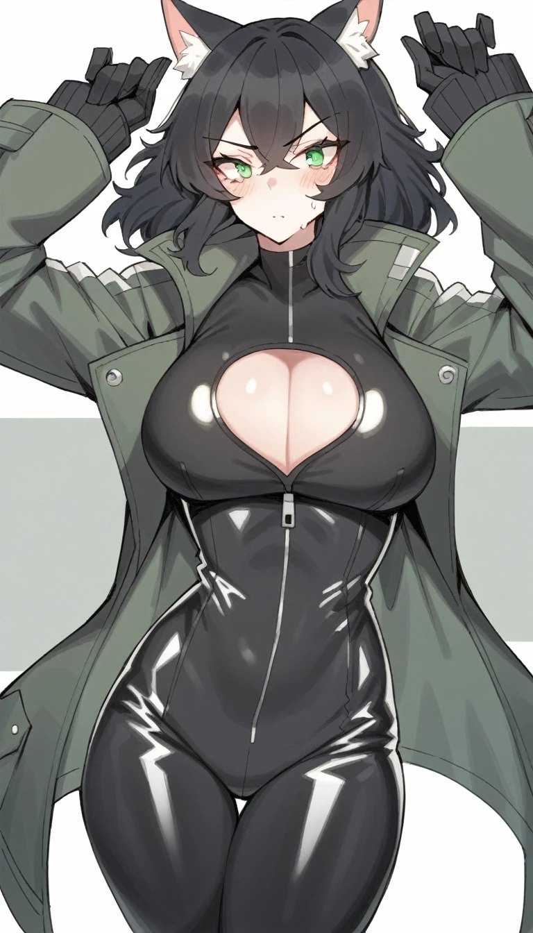 score_9, score_8_superior, score_7_superior, score_6_superior,Dressed in catsuit, female cartoon, 1girl, solo, jacket, breasts, green eyes, animal ears, black hair, cleavage cutout, cleavage, open jacket, big breasts, blush, clothes clipping