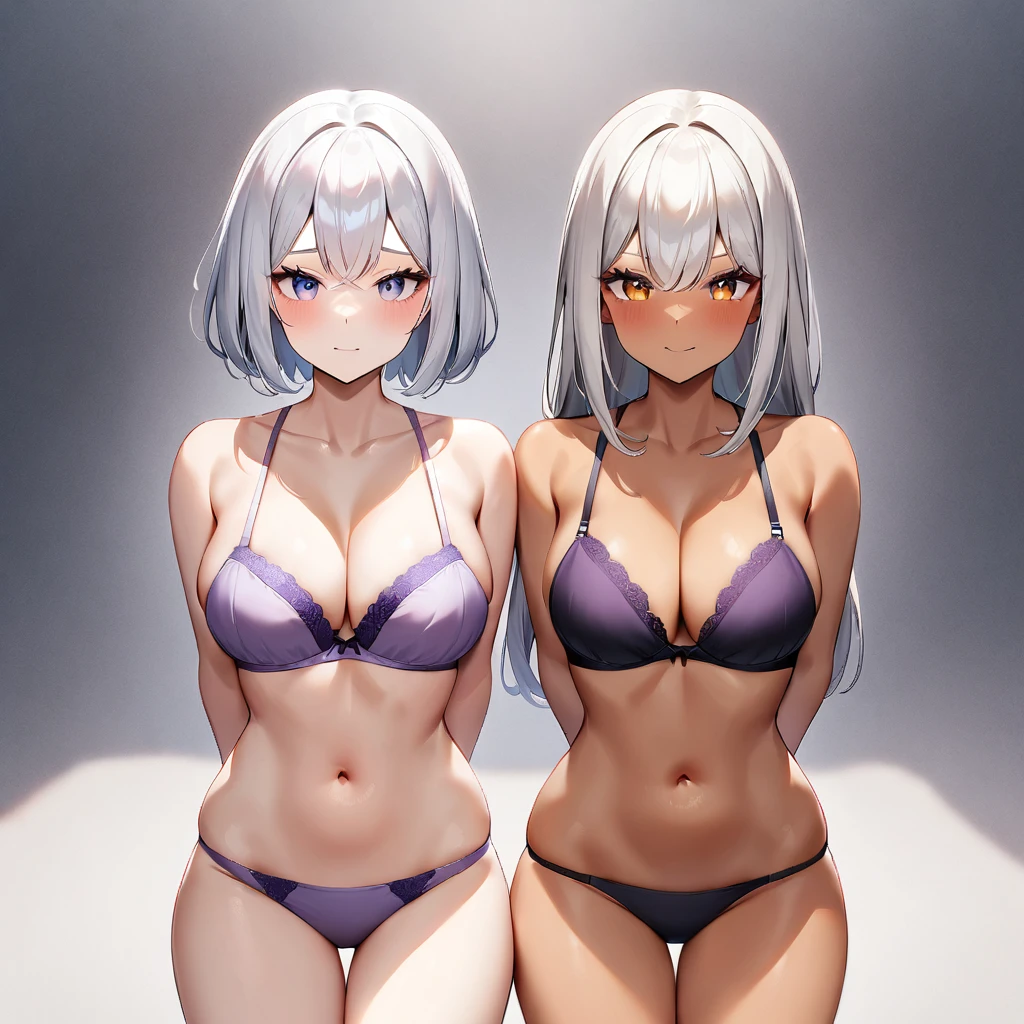 nsfw,lineup,shy,2girls,(one-piece:1.3),straight-on,middle shot,bare shoulder,bare breasts,bare arms,barebreasts,stomach,bare legs,sidelocks,colors eyes,masterpiece,best quality,very aesthetic,absurdres,bigbreas,upper body,