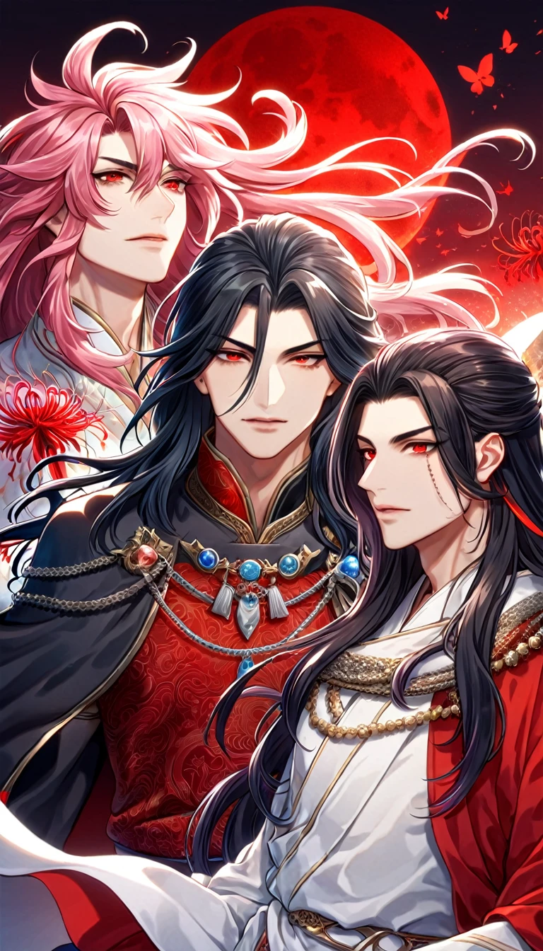 absurdres, highres, ultra detailed, HDR, master piece, best quality, extremely detailed face, delicated features, Xue Yu, untamed spiky hair, black hair, long hair, hair between the eyes, expressive red eyes, Thousand Years War, Ryoumen Sukuna, pink hair, long hair, expressive red eyes, two sexy men together, handsome, toned chest, black cape, red robes, white robes, accessories, patterns, red sky, red butterflies, red spider lilies, fantasy, magical, radiant moon