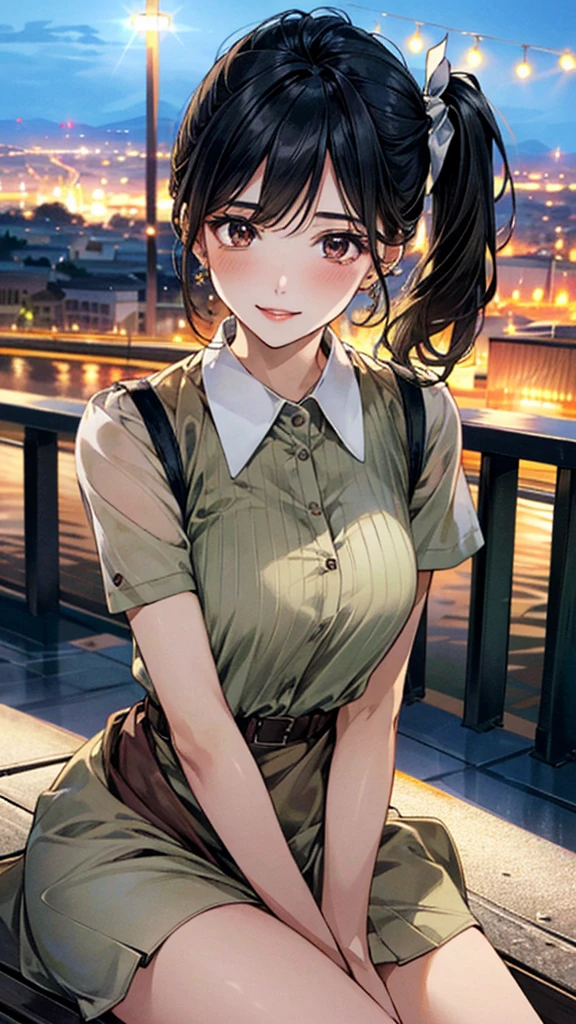 (masterpiece:1.3, Highest quality, Ultra-high resolution, Super detailed), (Realistic, photoRealistic:1.4), Beautiful illustrations, Perfect lighting, colorful, Depth of written boundary, Beautiful detailed hair, Beautifully detailed face, Beautiful fine details, Droopy eyes、Beautiful clavicle, Beautiful body, 美しいLarge Breasts, Beautiful thighs, Beautiful feet, Beautiful fingers, View Viewer、Front view:0.6, Beauty1人, Japanese, Beauty、30 years old, Perfect Face, (Perfect Anatomy, Anatomically correct), Cute and symmetrical face, , , Shiny skin, (with thin belt、Khaki short-sleeved A-line collared shirt dress:1.4) (Black Hair, Side Ponytail:1.4), braided bangs、Dark brown eyes, Large Breasts, Slim body, necklace, Small earrings:1.1, (Beautiful views), (night), (city, cityscape in the distance), Riverside、Sitting on a bench, A soft smile、(Smile, Lips parted),