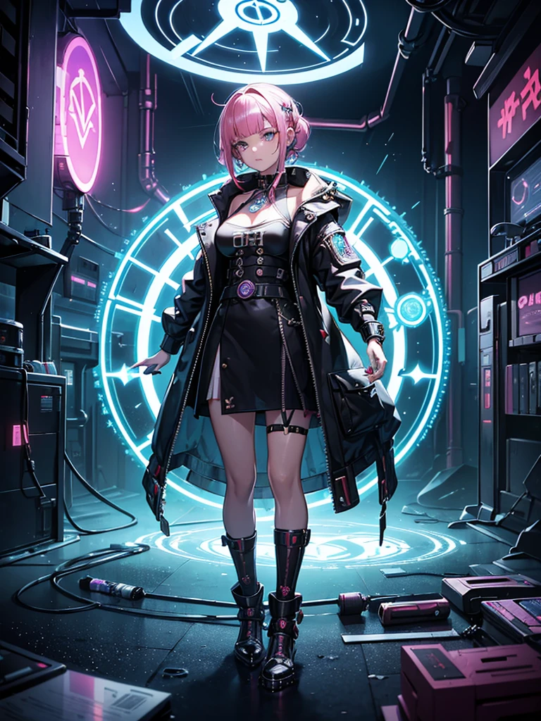 a girl,Magician,((Fashionable clothing)),((Cyberpunk style)),((magic circle)),bud,crystal,spark,Water Flow,((Multi-element)),wave,((Super detailed)),((Rendering)),((Chains:1.35)),((Constraints:1.35)),best picture