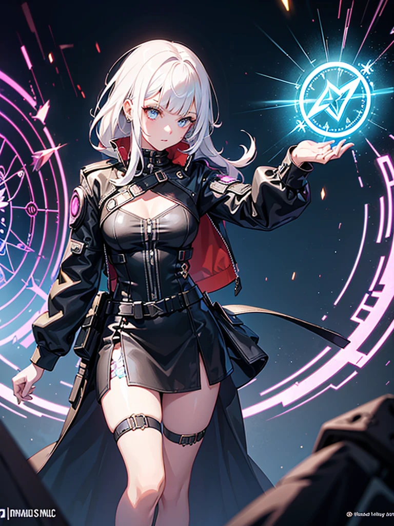 a girl,Magician,((Fashionable clothing)),((Cyberpunk style)),((magic circle)),bud,crystal,spark,Water Flow,((Multi-element)),wave,((Super detailed)),((Rendering)),best picture