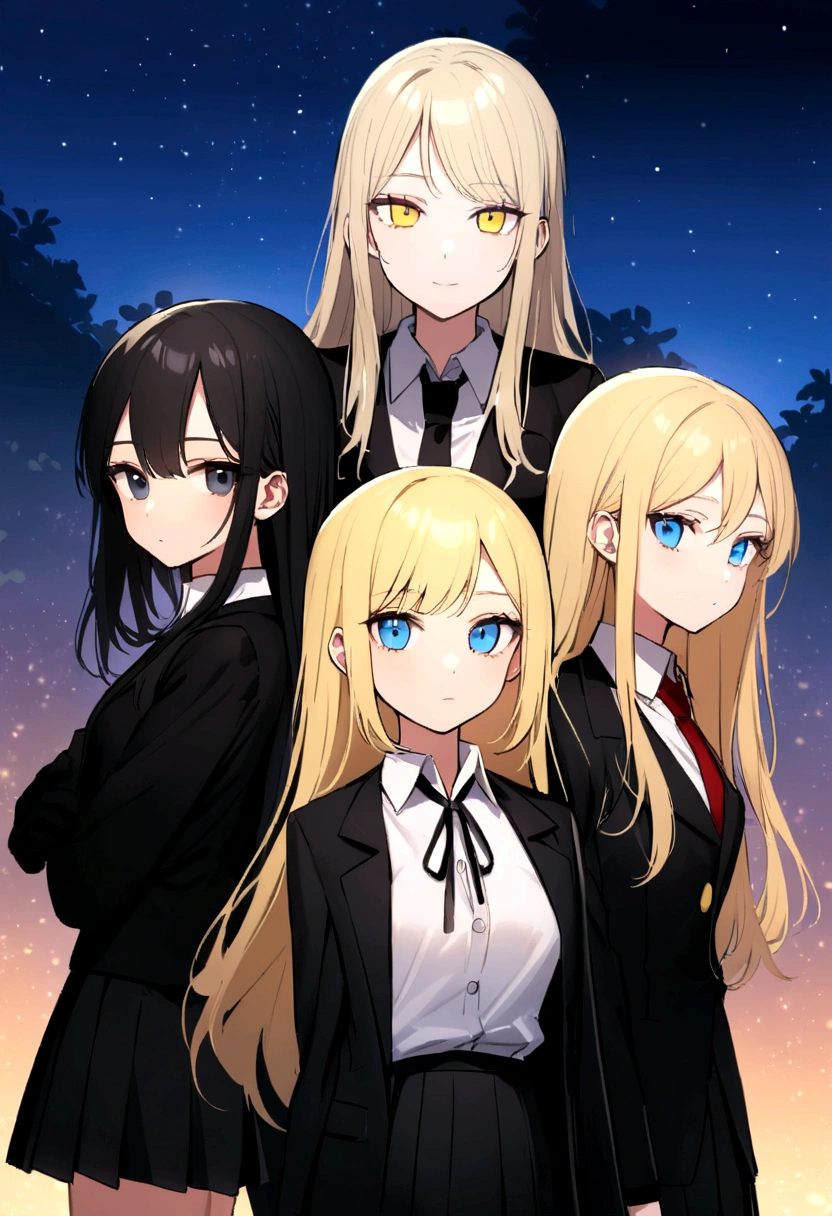 (Highest quality)facial details,Group of 3 half people Girl 1, ager, long hair, blue sky, blue eyes, black suit shirt, black skirt, The second girl, a teen, has long bright yellow hair, blue eyes, a black suit shirt, a black skirt.,3rd girl, teenagerng light blonde hair, blue eyes, black suit shirt, black skirt., Beautiful morning light(Detailed background  (little light pollution))