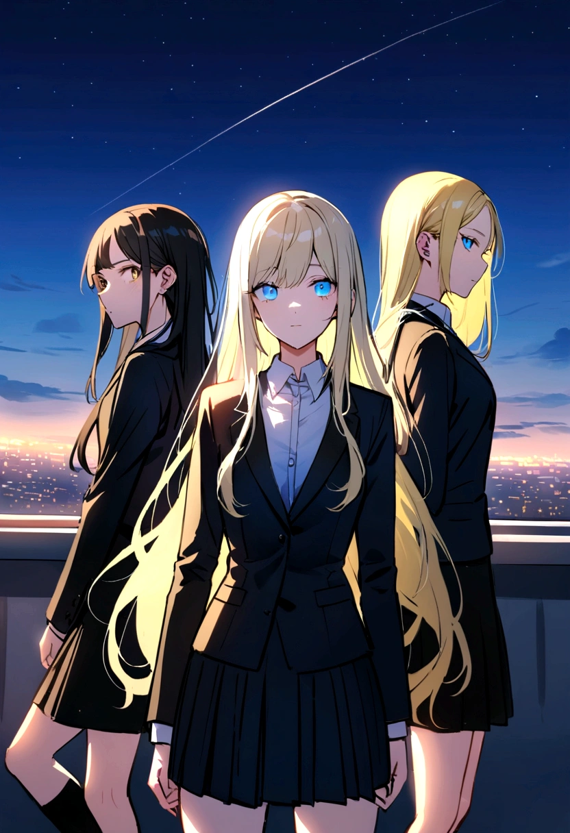 (Highest quality)facial details,Group of 3 half people Girl 1, teenager, long hair, blue sky, blue eyes, black suit shirt, black skirt, The second girl, a teenager, has long bright yellow hair, blue eyes, a black suit shirt, a black skirt.,3rd girl, teenager, long light blonde hair, blue eyes, black suit shirt, black skirt., Beautiful morning light(Detailed background (little light pollution))