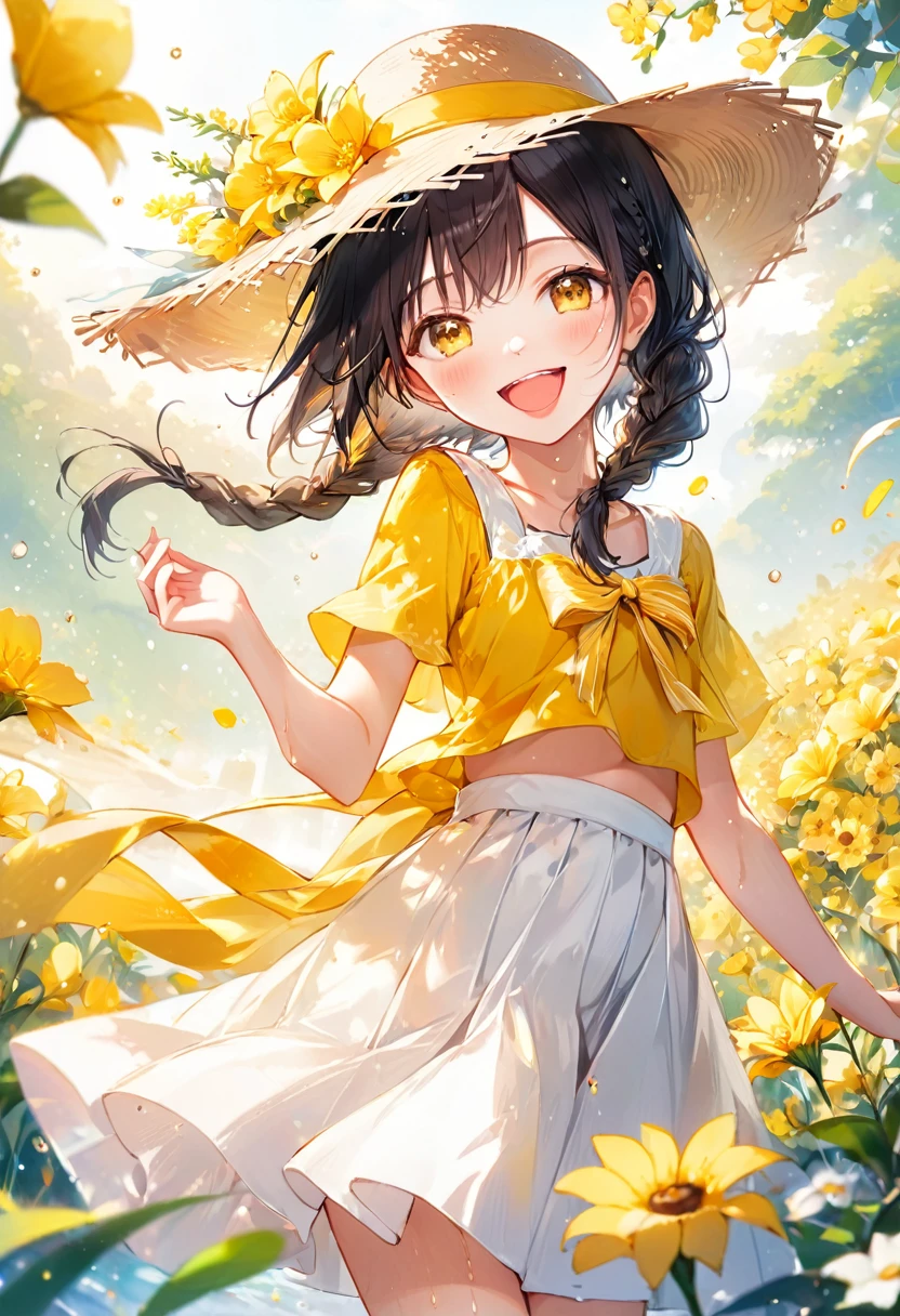 black long hair, blunt bangs,,(ultra-detailed eyes, beautiful and detailed face, detailed eyes: 0.9), ,((full shot)), , longeyelashes, beautiful hair, beautiful face, beautiful detailed eyes, (((cintura ultra detallada)))), Ultra-detailed photography with great depth of field, solo,(lovely smile, open mouth. sweaty:1.7), (beautiful scenery),,small breasts,light, (masterpiece:1.2),1womanl,Black hair,14years , 、((Detailed、top-quality、8K、masterpiece:1.3))、1girl in、ssmile、、(Casual Hairstyles、Small breasts:1.2)、Super Detailed Face、detailedeyes、double eyelid、 (best quality), (ultra-detailed), (llustration), (detailed light), (an extremely delicate and beautiful), ung girl, long hair, brown eyes, (smile slightly, Innocent and cute expression), model, Enchanting, Sublime, Ethereal, fantastic,,full body,shy、flower in mouth,,yellow eyes,laughing,,low braided twintail,white skirt yellow hemline,yellow bow on the chest,wearing a straw hat on the side, one hand raises up to sky,dynamic angles, sunshine,day, (yellow flowers:1.35),(Ochna:1.25),(upper body:1.45),(A splash of colored paint1.15),Movie poster,Melon Parfait