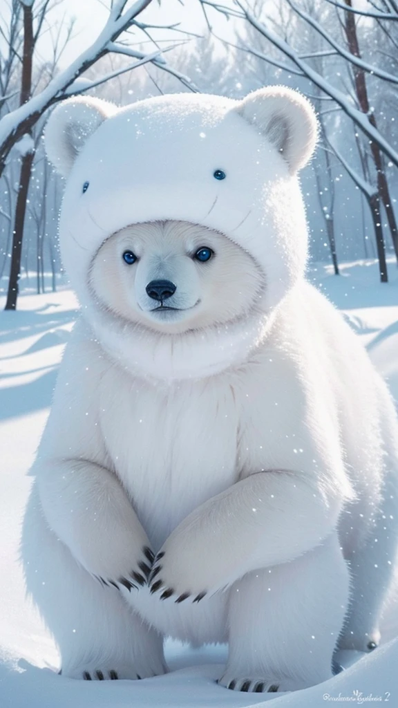 Generate a charming and adorable miniature polar bear in a winter wonderland. The polar bear should be small, fluffy, and playful, with bright eyes and a friendly expression. Surround the bear with snow-covered trees, sparkling ice, and a clear blue sky. Add some twinkling snowflakes gently falling around the bear to enhance the magical, cute atmosphere.    •	Style: Cute, cartoon-like
	•	Color Palette: Soft pastels, whites, and light blues
	•	Background: Winter wonderland with snow and ice
	•	Lighting: Soft, natural lighting to enhance the fluffy fur
	•	Details: Bright eyes, friendly expression, and playful pose
