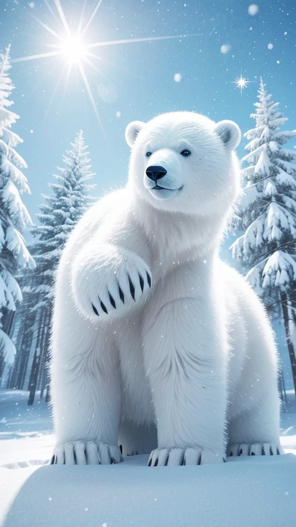Generate a charming and adorable miniature polar bear in a winter wonderland. The polar bear should be small, fluffy, and playful, with bright eyes and a friendly expression. Surround the bear with snow-covered trees, sparkling ice, and a clear blue sky. Add some twinkling snowflakes gently falling around the bear to enhance the magical, cute atmosphere. • Style: Cute, cartoon-like
• Color Palette: Soft pastels, whites, and light blues
• Background: Winter wonderland with snow and ice
• Lighting: Soft, natural lighting to enhance the fluffy fur
• Details: Bright eyes, friendly expression, and playful pose