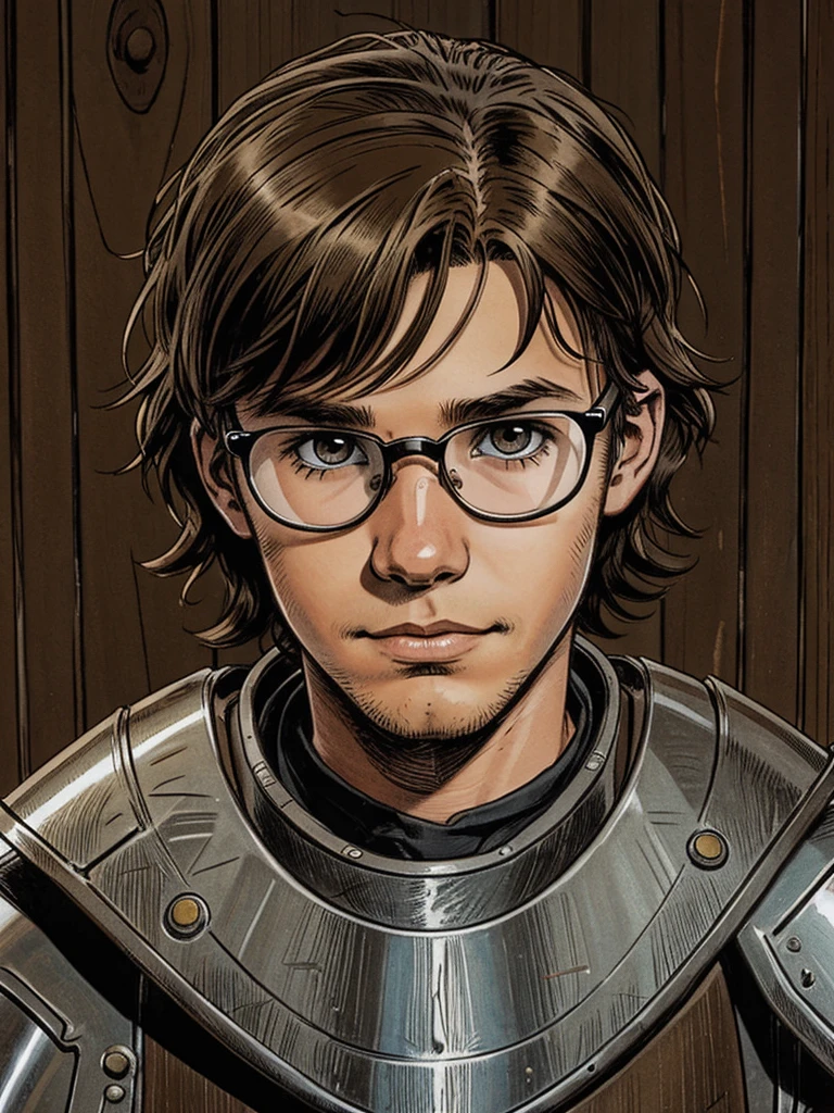12 years old boy with shaggy brown hair wearing steel plate knight armor, innocent expression, circle glasses, 