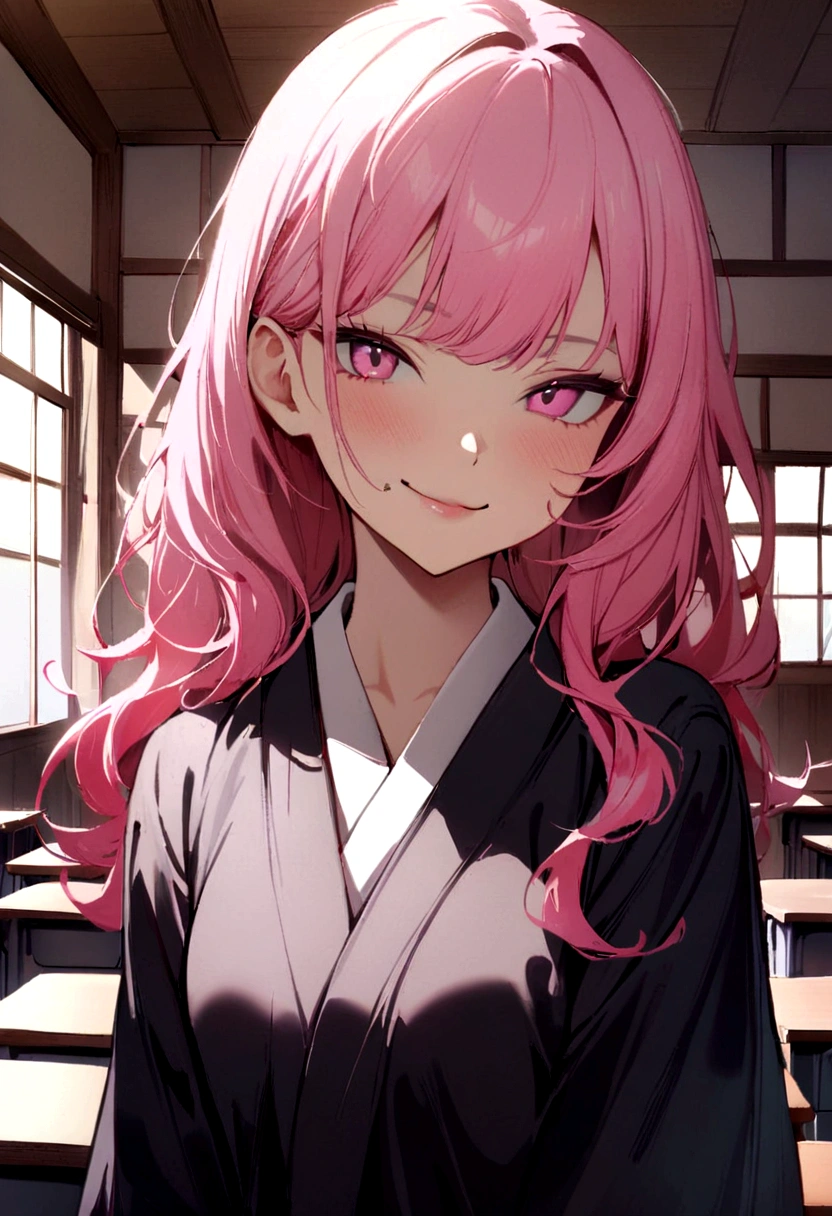 1 girl, solo, slim, short, long pink hair, long hair, pink eyes, school uniform((Japanese style)), blurry background((Japanese style classroom)), looking at viewer((cocky facial expressions, smirking))