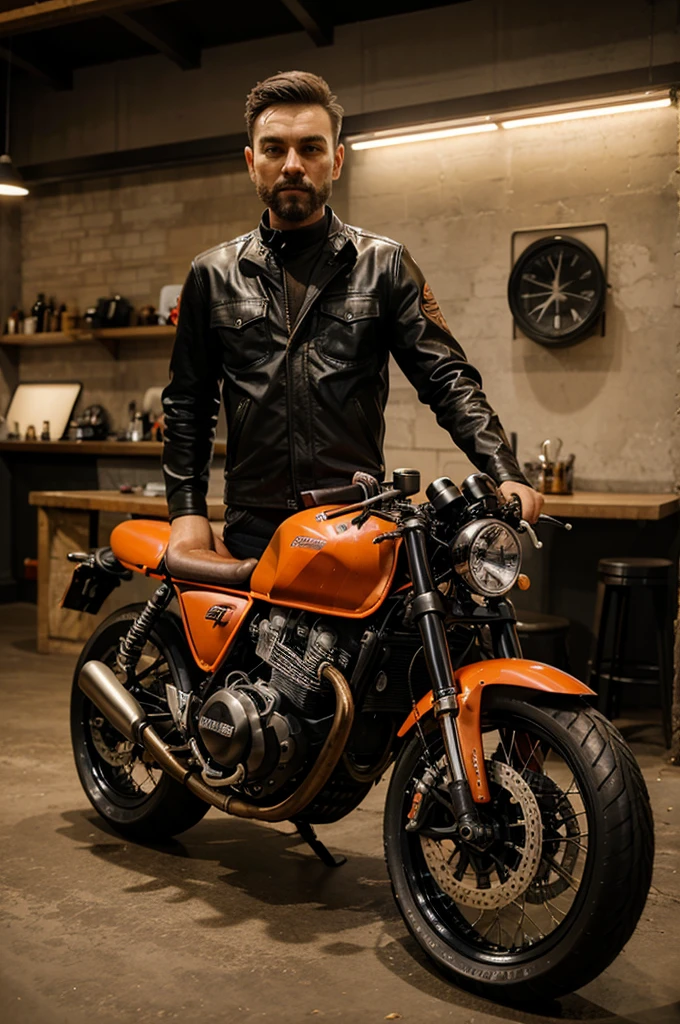Buatkan saya gambar orang menggunakan motor dengan gaya caferacer dengan style seperti anak ace cafe london