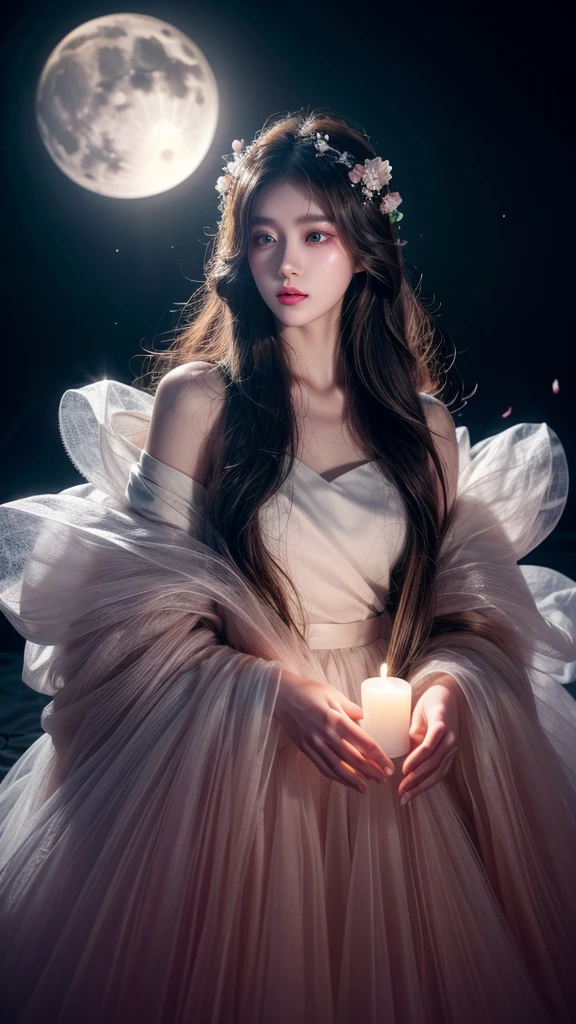 Long flowing brown hair，Fluorescent eyeshadow，Glowing pale eyes，Moon，Demon-free，Plush ears，moonlight，Flowing tulle，Best picture quality，Transparent flowers，Gradient petals，Flower hairpin，Noodles