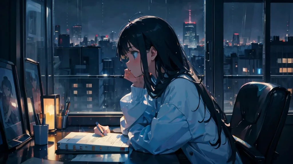 1 cool girl, study, window, it's raining, machine, laptop, profile, Night view, Detailed face, City view, Long sleeve T-shirt, High resolution, Water droplets on the window