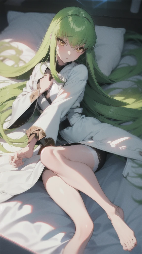 c.c., Expressionless, (Look at other people:1.1), (Lie in:1.2), On the floor, Focus Only, From above,
Long sleeve,  white lace panties,
Orange eyes, Green Hair, Very long hair, (White straitjacket:1.6), Black belt, 
mksks style, Beautiful background, (chromatic aberration,  Lens flare, indoor, bedroom, bed sheet, bed, Particles of light, Holographic interface:1.2) ,
break masterpiece ,8k unity wallpaper,anime key visual,highest quality, High resolution,  (shape:0.8),anime coloring,
highly detailed face, detailed eyes,growing eyes,shiny skin,fine skin,white skin,dense skin,detailed hair,highly detailed legs,
perfect lighting, Detailed CG, 
(perfect hands, perfect ???????),High resolution,
Break slender limbs, delicate curves, dainty hands,figure:0.8,
