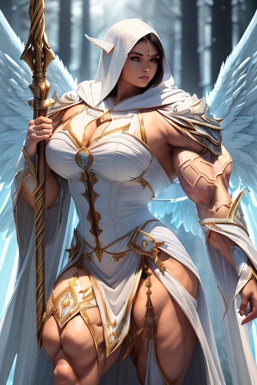 ((((Massive, tall, beautiful, buff, muscular brown skinned woman mage with black hair, huge angel wings, ginormous bulky muscles, holding a death mage staff and wearing a beautiful hooded white enchanted robe with long long skirt)))), (close-up view), vascular, massive muscle, massive biceps, hyper muscle shoulders, hyper muscle triceps, (straight long hair), orange eyes, (wearing a long extremely intricate robes, long magical robes), (white mage boots), smirk, white gauntlets, (in a deathly forest), evening, Vascular arms, hyper vascular arm, hyper muscles arms, hyper muscle legs, massive arms.