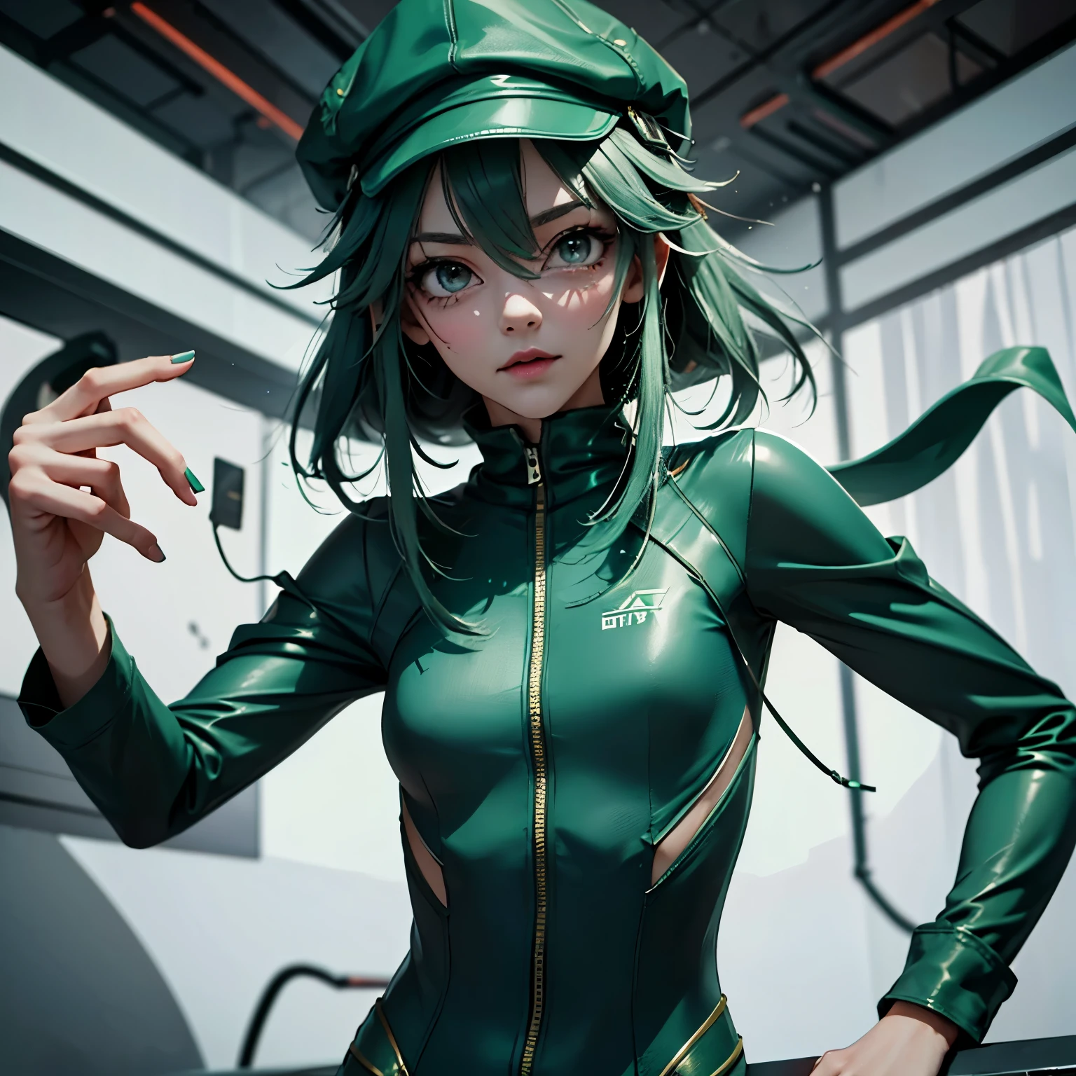  Slim girl, hacker, with a cap, messy green hair, attentive gray eyes, cunning expression, thin and flexible body, with agile and quick fingers.