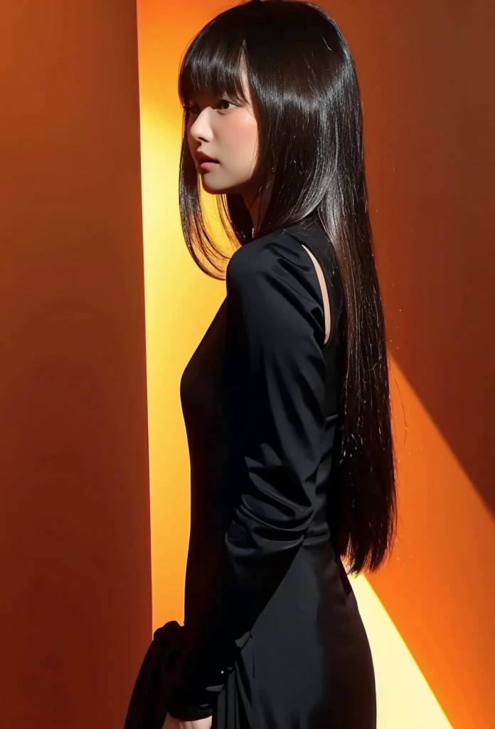 1girl,hair with bangs,black long dress,orange background,