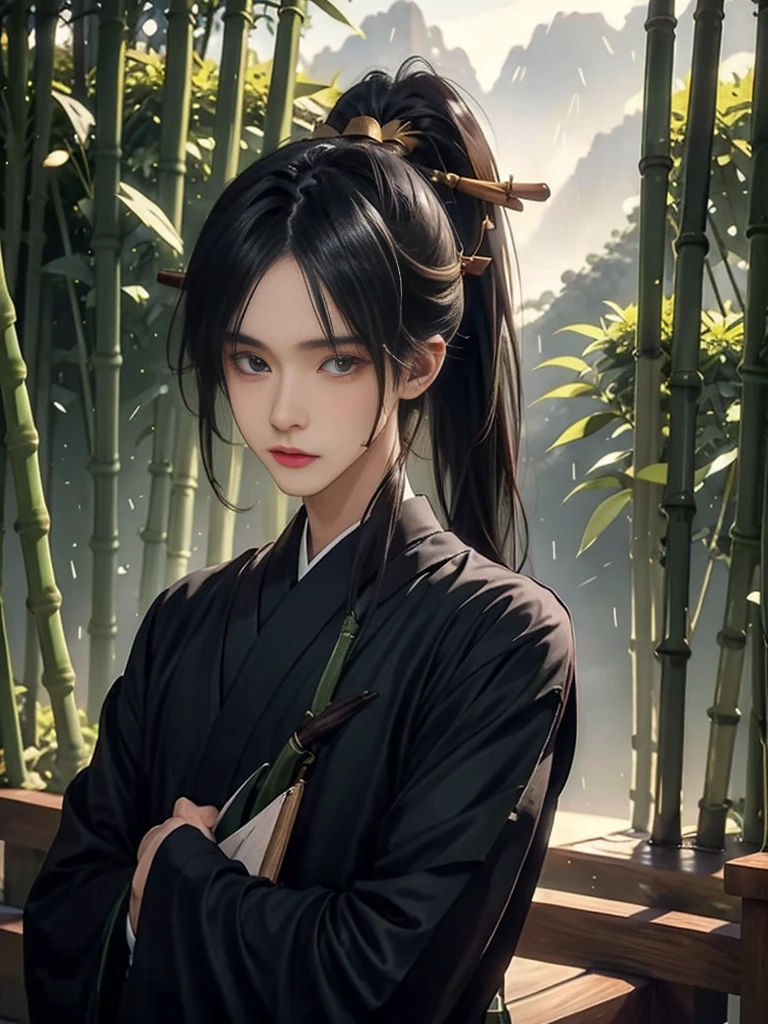 A close-up of a boy in a bamboo forest, long black hair, ponytail, green headdress, carrying a lantern, bamboo leaves falling, hazy smoke, green Hanfu,23 year old boy,1boy,cute 23 year old boy,professional boy photo, photo of boy 23 years old, thin boy,mature beautiful face,fair skin,super scale, 24k,hdr,perfect body boy,blush,  big folding fan front boy