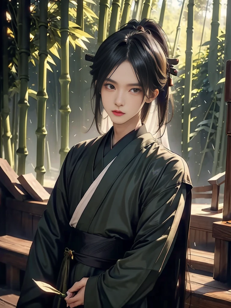 A close-up of a boy in a bamboo forest, long black hair, ponytail, green headdress, carrying a lantern, bamboo leaves falling, hazy smoke, green Hanfu,23 year old boy,1boy,cute 23 year old boy,professional boy photo, photo of boy 23 years old, thin boy,mature beautiful face,fair skin,super scale, 24k,hdr,perfect body boy,blush,  big folding fan front boy