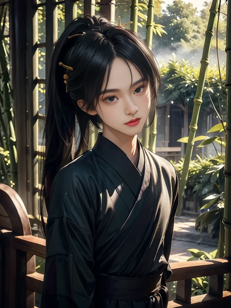 A close-up of a boy in a bamboo forest, long black hair, ponytail, green headdress, carrying a lantern, bamboo leaves falling, hazy smoke, green Hanfu,23 year old boy,1boy,cute 23 year old boy,professional boy photo, photo of boy 23 years old, thin boy,mature beautiful face,fair skin,super scale, 24k,hdr,perfect body boy,blush,  big folding fan front boy