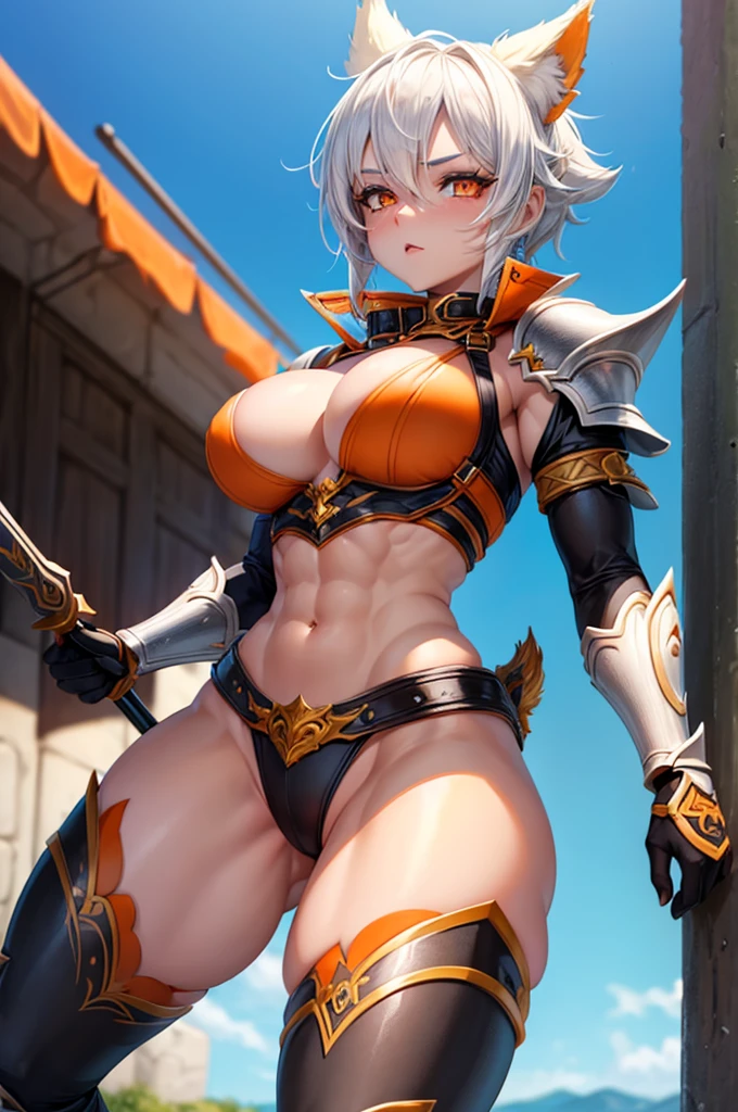 beautiful woman with short white hair, orange inferno eyes, wolf ears and a braided ponytail. She is wearing a revealing, sexy, fantasy knight armor with legplates. Her body is muscular and she is incredibly sexy. Her eyes are orange. She has strong, muscular arms and thick thighs. Wide hips.