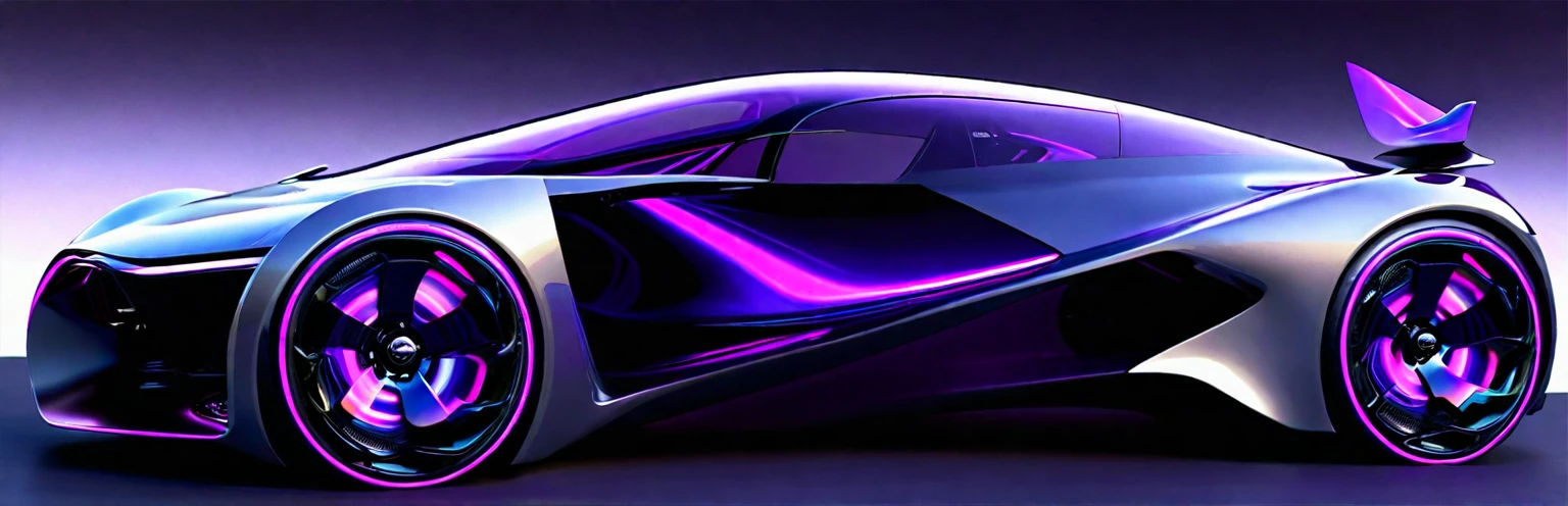 Close-up of a futuristic car,Purple wheels on black surface, Zaha Hadid octane highly render, Concept cars, aerodynamics车身, concept automobile design, Cars painted with holographic paint, concept ar, aerodynamics, Web portals. Zaha Hadid, futuristic Concept cars, Ultra Detailed, futuristic product car shot, Concept cars design, aerodynamics设计, Side perspective