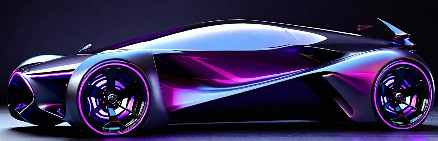 Close-up of a futuristic car,Purple wheels on black surface, Zaha Hadid octane highly render, Concept cars, aerodynamics车身, concept automobile design, Cars painted with holographic paint, concept ar, aerodynamics, Web portals. Zaha Hadid, futuristic Concept cars, Ultra Detailed, futuristic product car shot, Concept cars design, aerodynamics设计, Side perspective