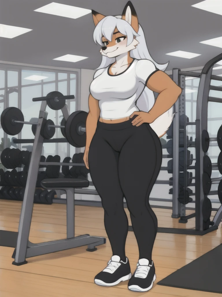 Furry, fox, female, white shirt, black leggings, shoes, gym, teen, full body