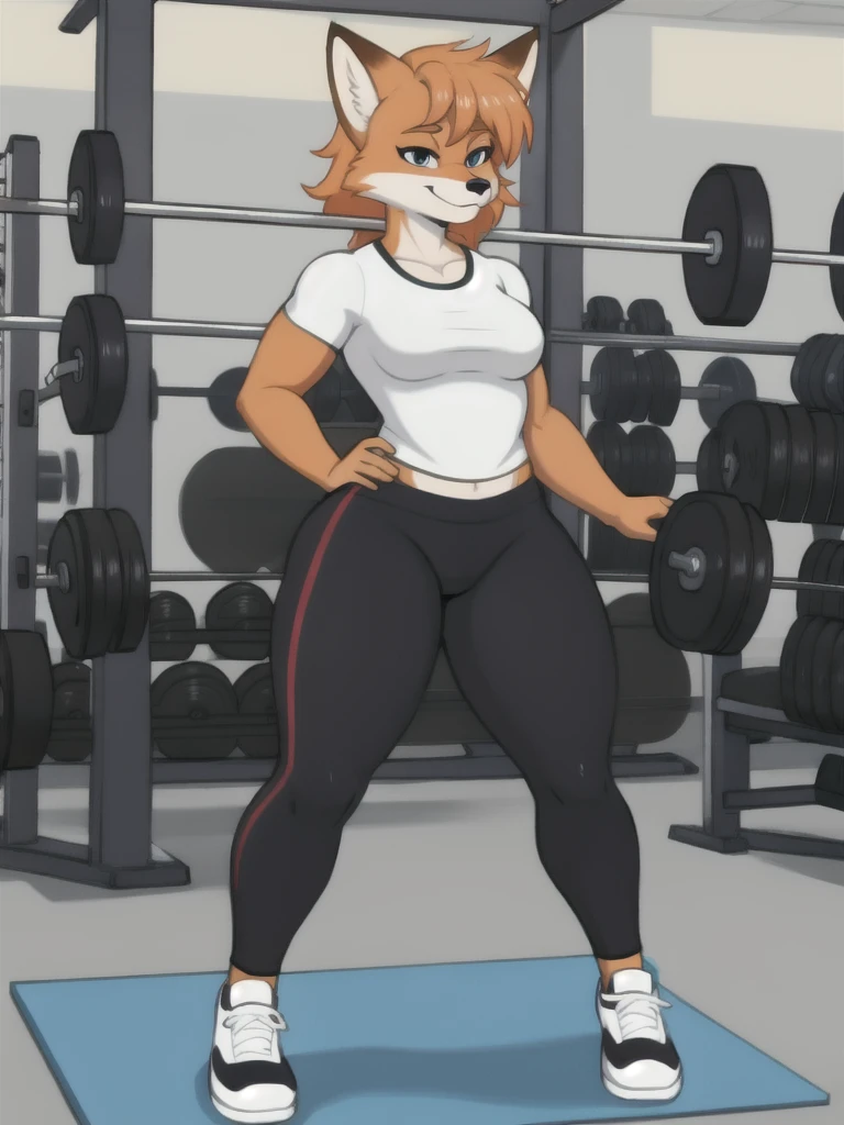 Furry, fox, female, white shirt, black leggings, shoes, gym, teen, full body