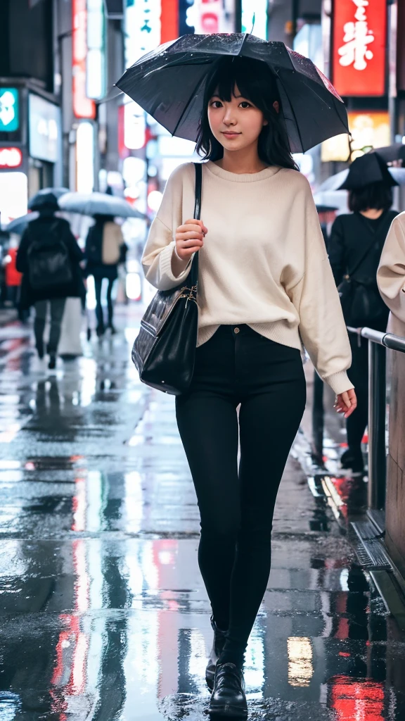 A Japanese girl in her twenties walking through the rainy streets of Tokyo