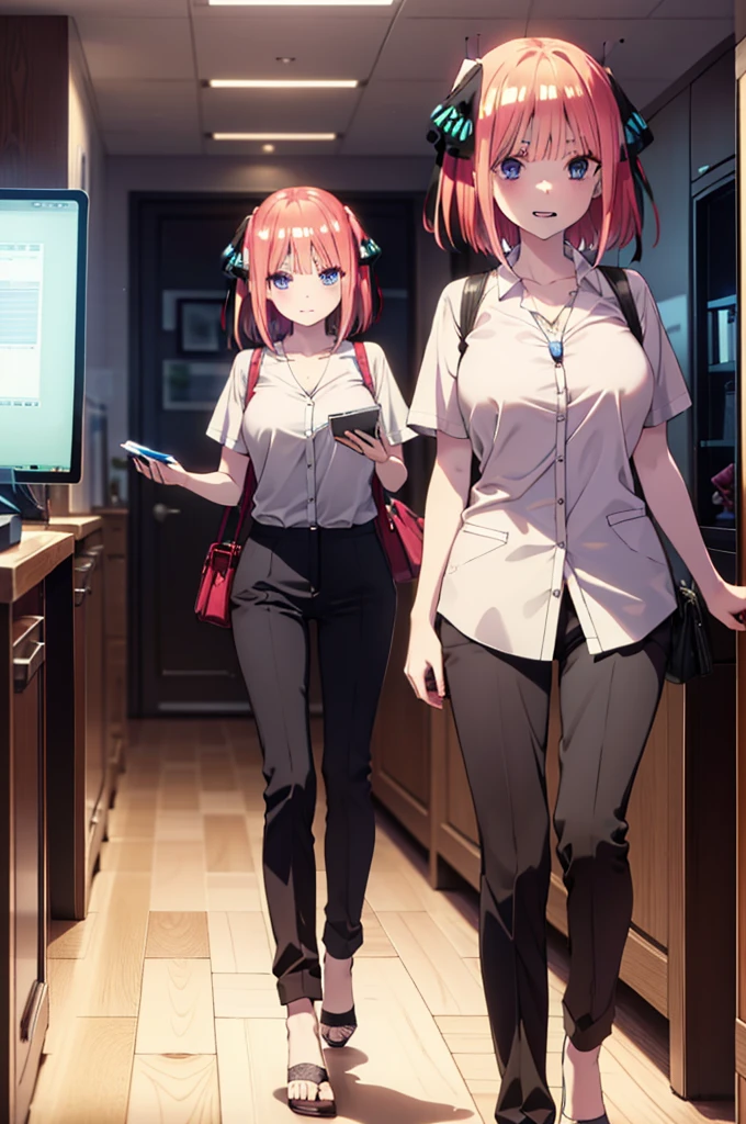 I was silent, Nakano Nino, Short Hair, bangs, blue eyes, hair ornaments, Hair Ribbon, Pink Hair, blunt bangs, Both sides up, Big Breasts,butterfly hair ornaments,Grin,White Y-shirt,Short sleeve,Heart Necklace,slacks,Stiletto heels,Walking,There is a computer on the table,whole bodyがイラストに入るように,Daytime,Clear skies,
break indoors, office,
break looking at viewer,whole body,
break (masterpiece:1.2), Highest quality, High resolution, unity 8k wallpaper, (figure:0.8), (Beautiful attention to detail:1.6), Highly detailed face, Perfect lighting, Highly detailed CG, (Perfect hands, Perfect Anatomy),