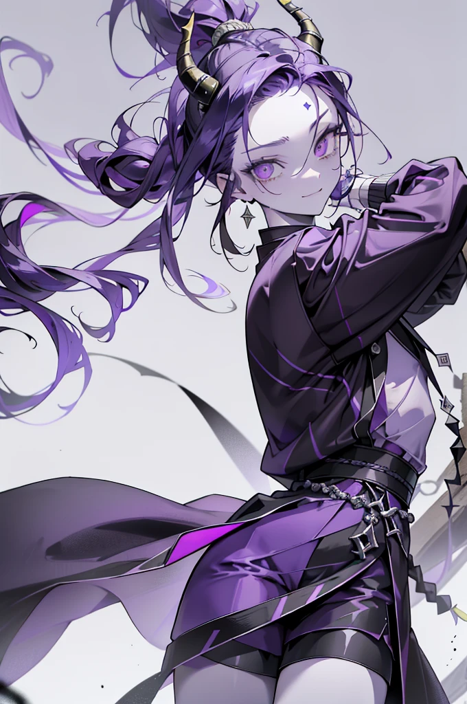 cheerful boy with open forehead. dark purple hair braided in a ponytail on the left side to one side. sinuous black horns wrapped in dark purple ribbon. pale violet eyes. in short dark purple shorts. long white T-shirt. dark purple knee-high socks. white long robe with hood. black ancient stone walls of the castle purple light from lamps with gold ornaments 